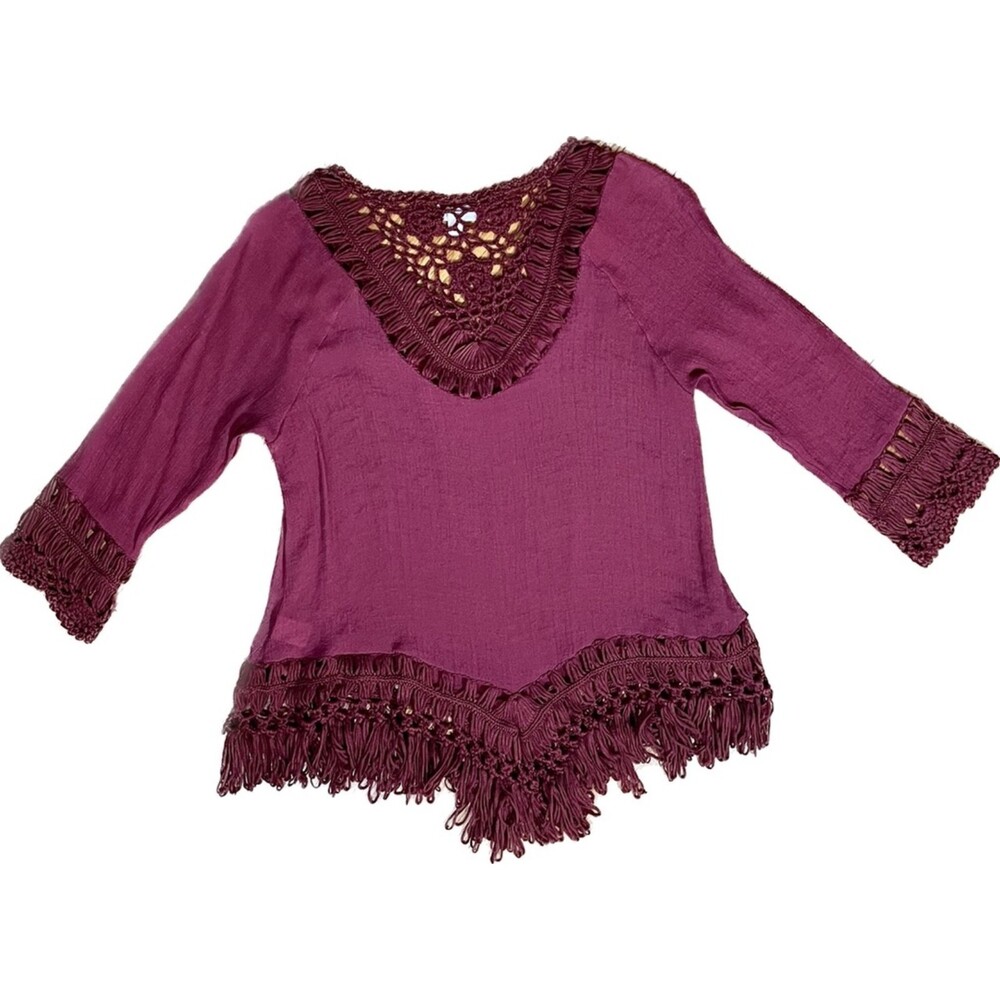 Dressbarn | Burgundy Crochet Trimmed 3/4 Length Sleeve Blouse | Medium - Picture 2 of 9